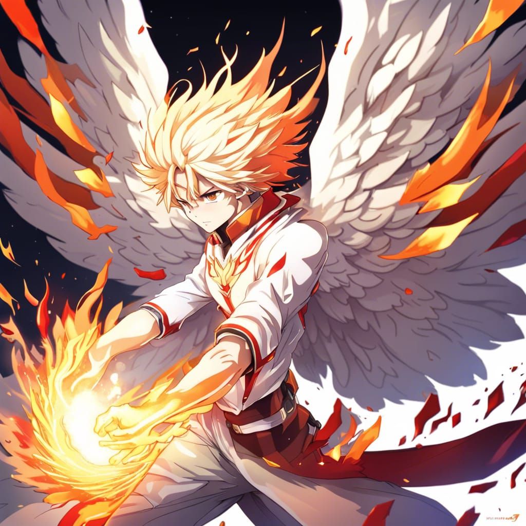 Human Phoenix Hybrid with Explosive Energy in Anime Style