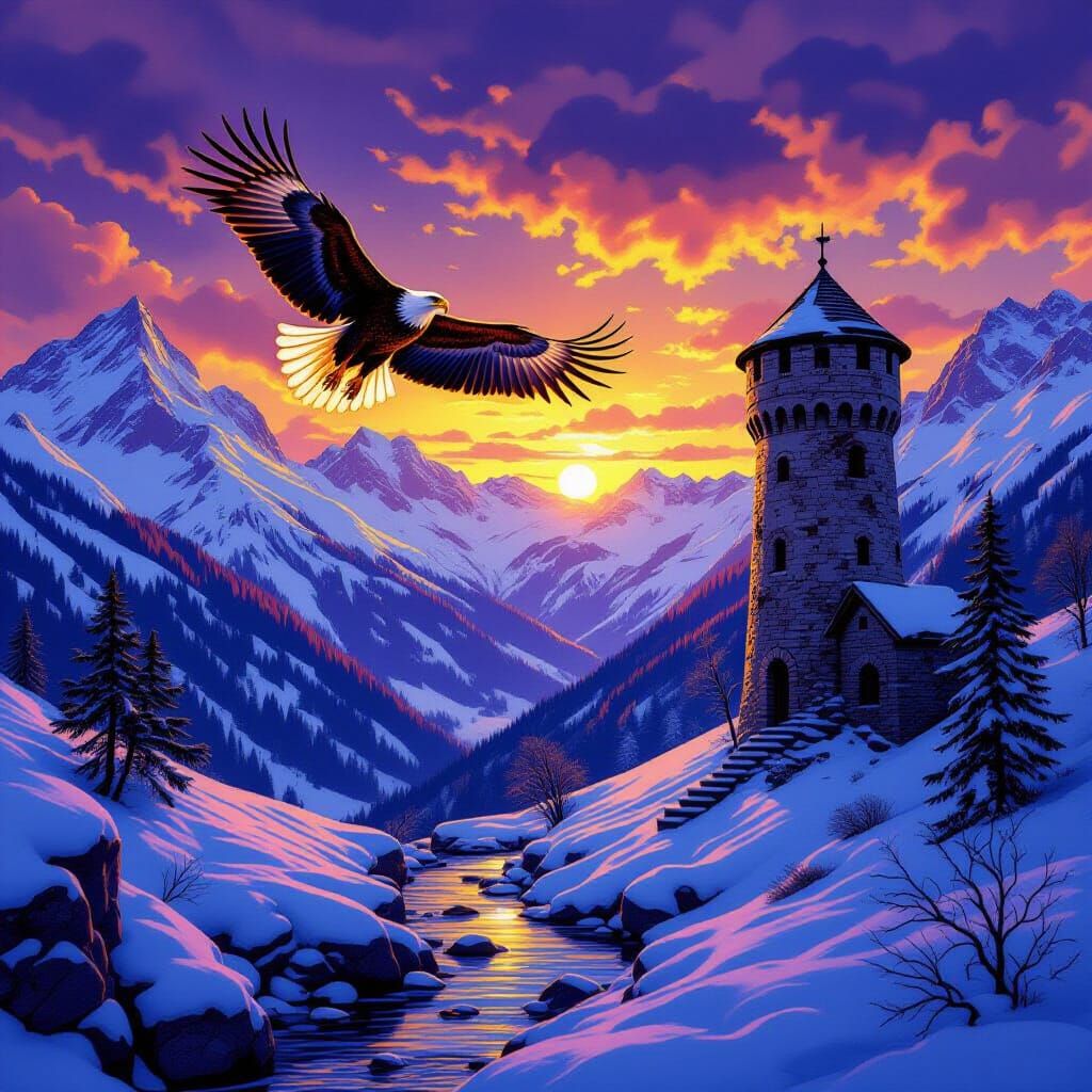 Golden Eagle Soaring Over Alpine Valley at Sunset