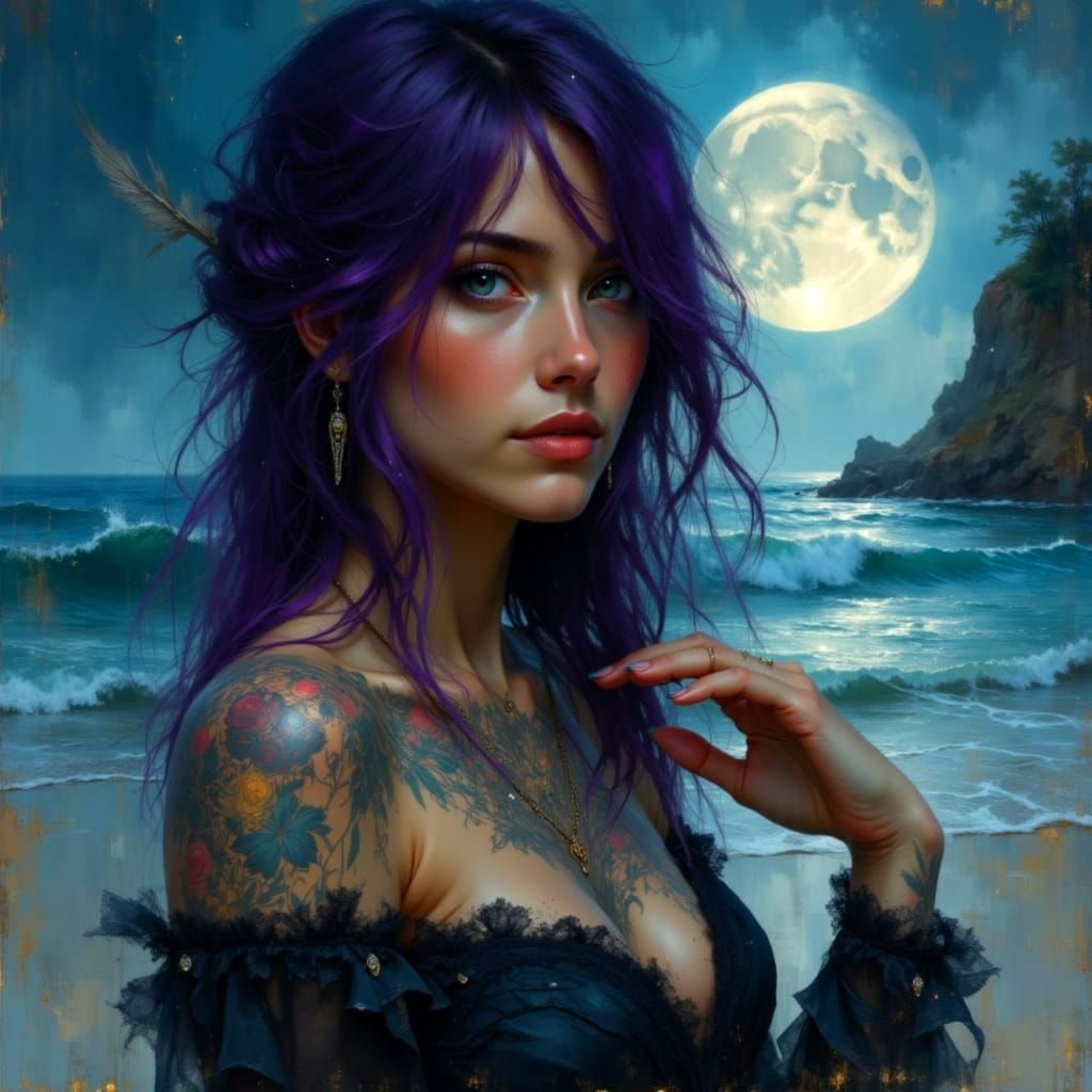 Ethereal Tattooed Goddess on Moonlit Beach