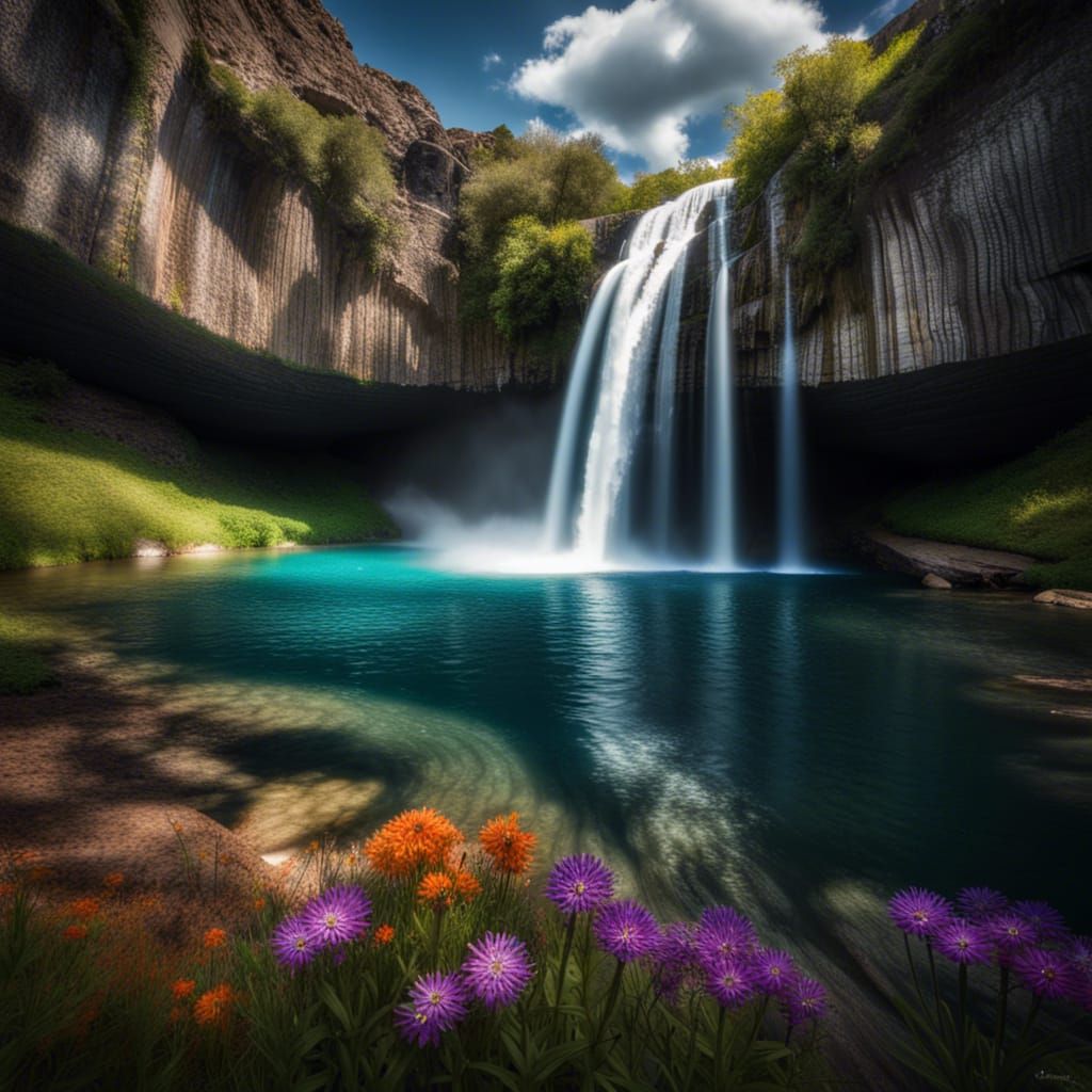 Majestic Waterfall Cascading into Tranquil Pool