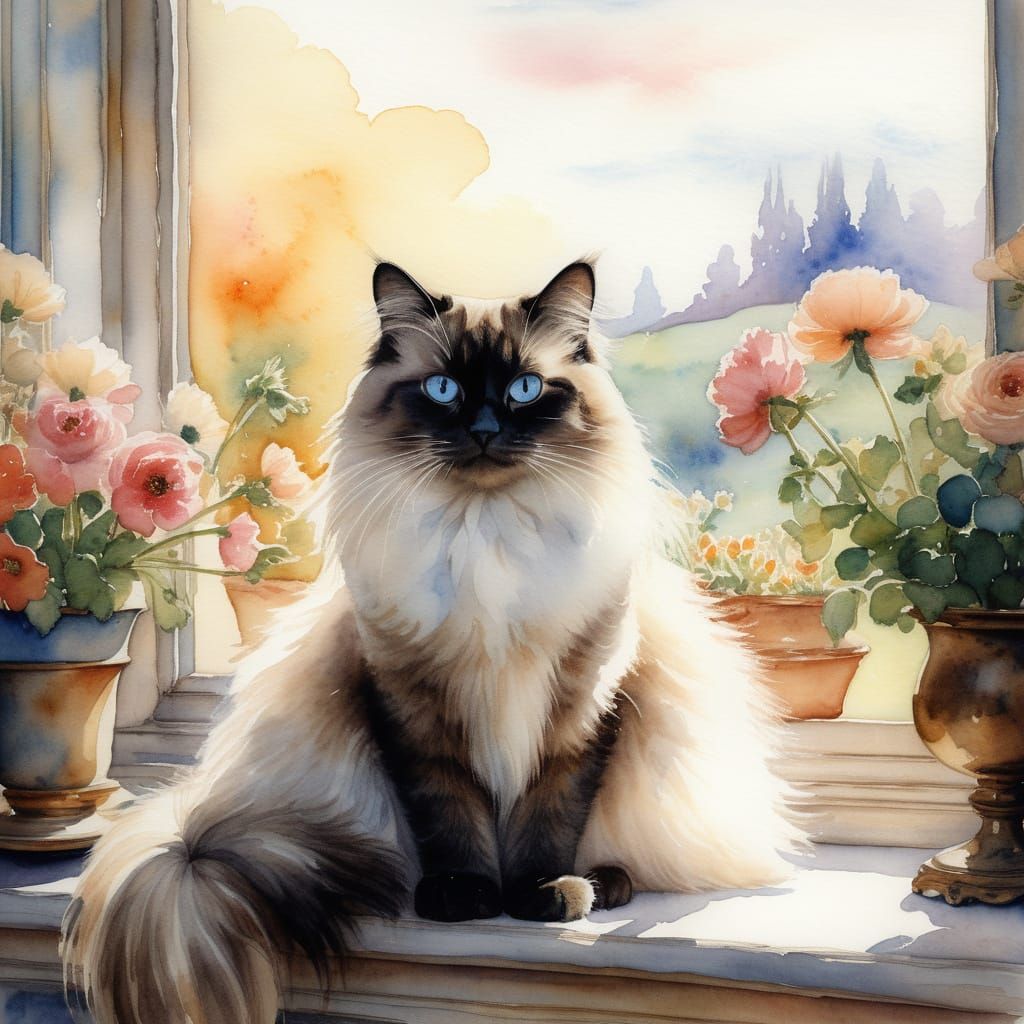 Birman Cat in Watercolour Painting, Beatrix Potter Style