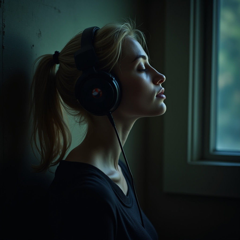 Hyperrealistic Portrait of Woman Lost in Music