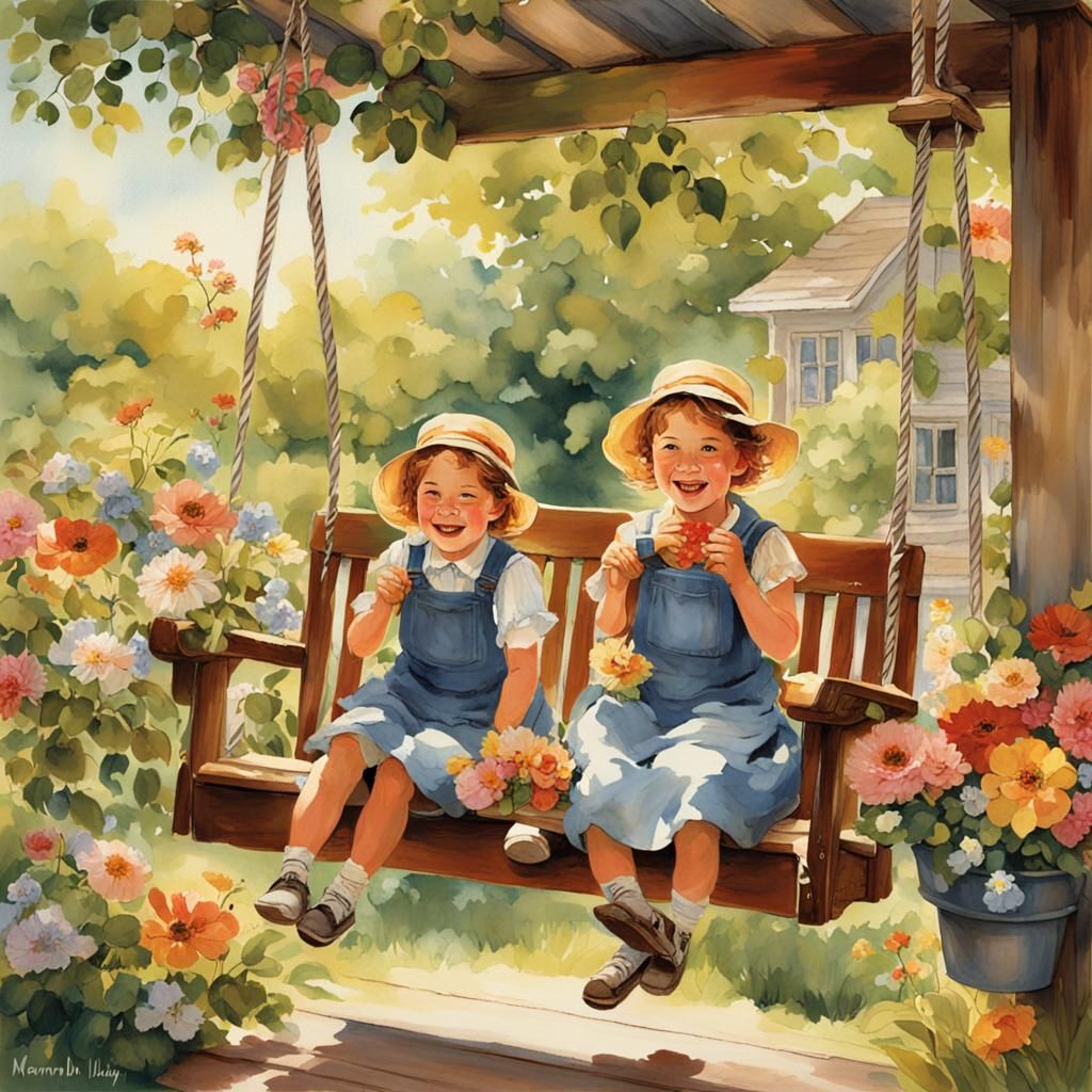 Kids playing and laughing around a porch swing on a bright s...