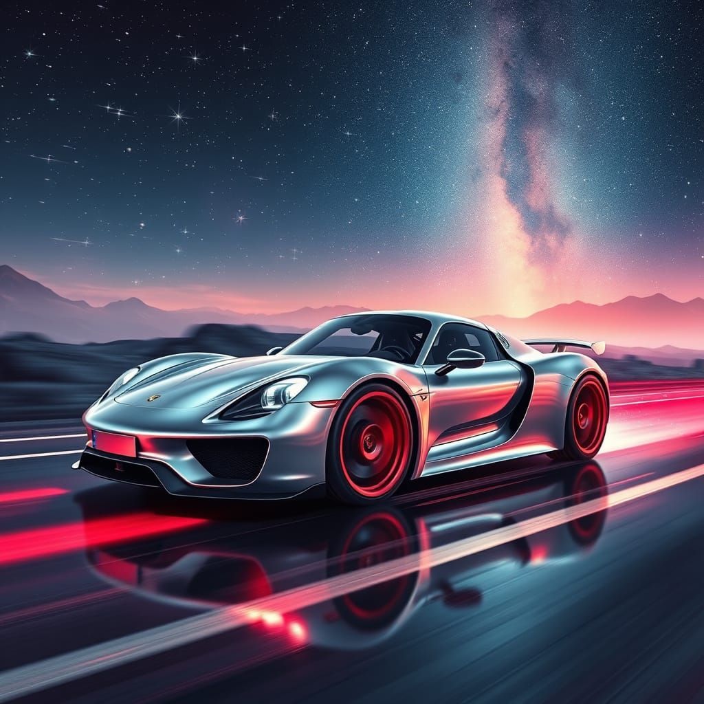 Sleek Porsche 918 Spyder on Neon Road