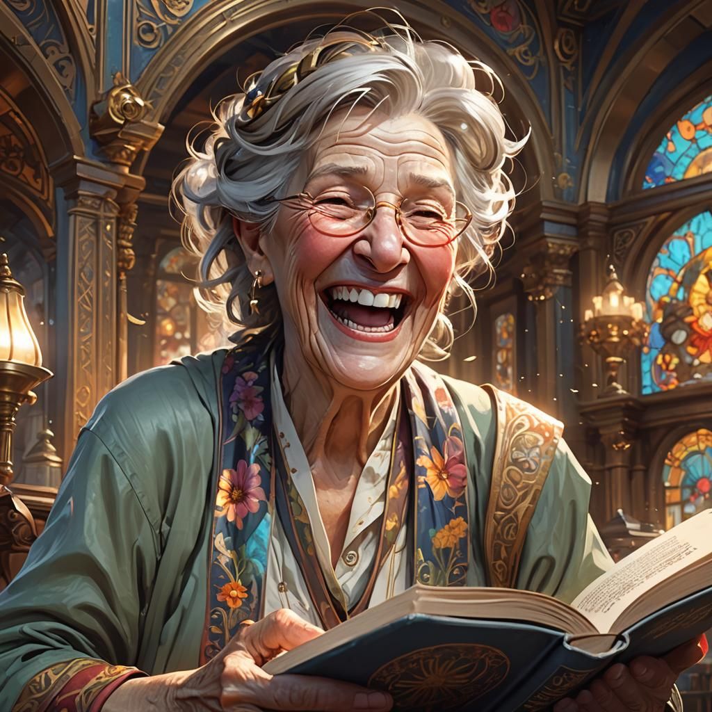 Laughing Old Woman Reading Book, Detailed Portrait