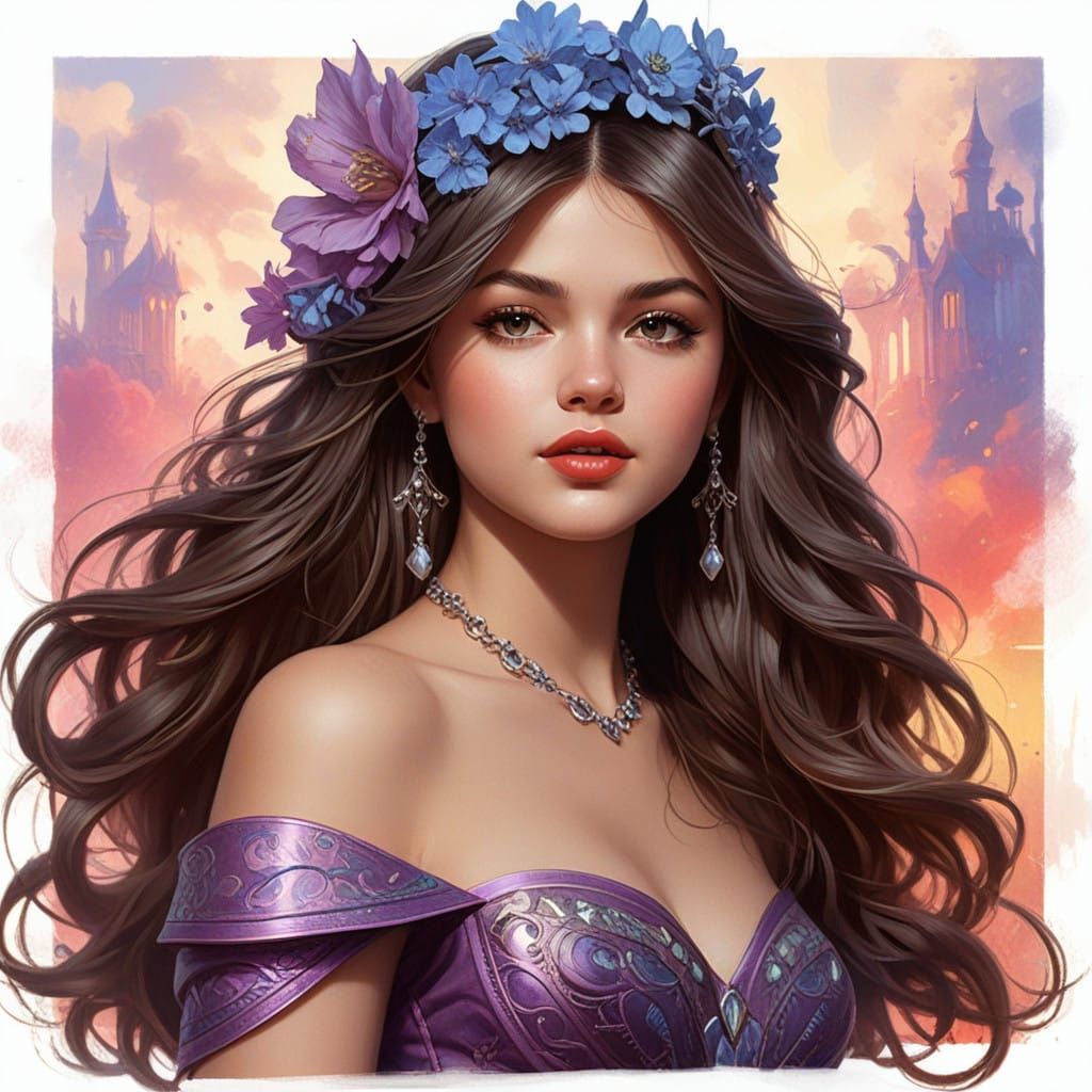 Dreamy Portrait of Selena Gomez in Whimsical Fantasy Landsca...