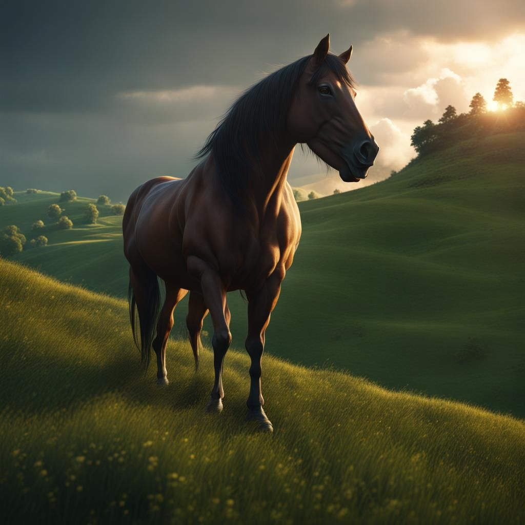 Horse on Green Hill at Sunset: Detailed Matte Painting