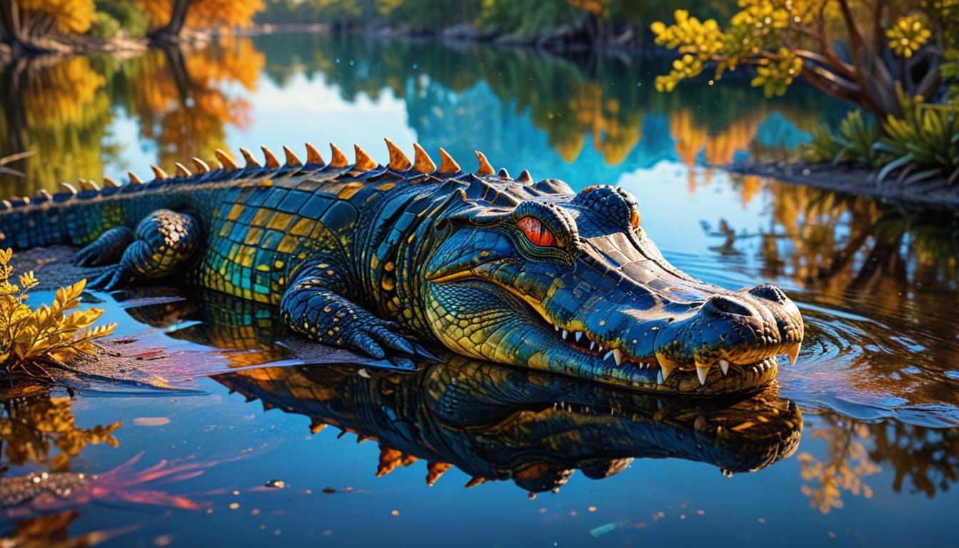 Alligator Emerges from Lake in Alcohol Ink Style