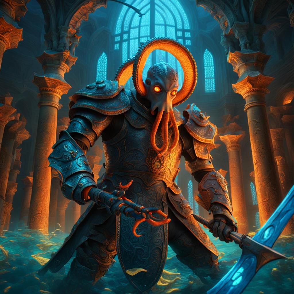 Octopus Knight in Underwater Temple