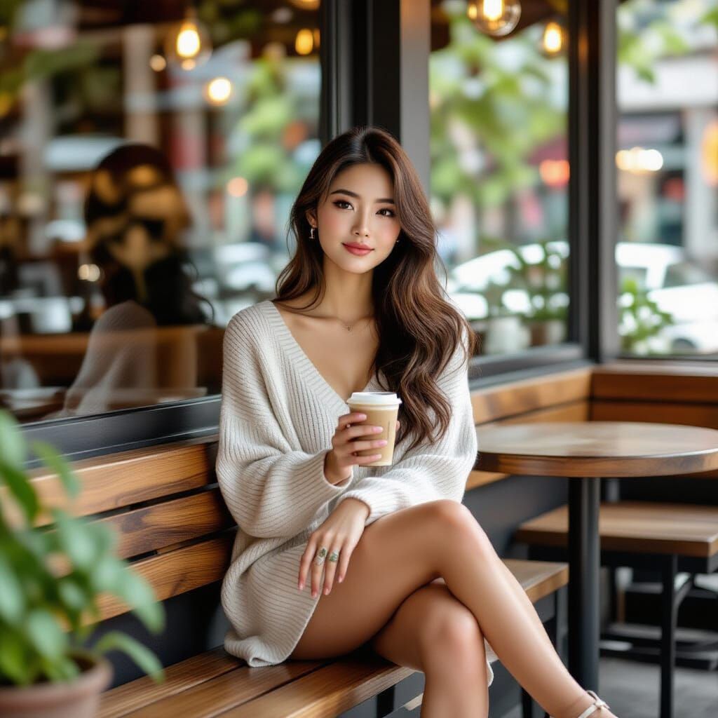 East Asian Woman Enjoys Coffee at Cozy Street Cafe