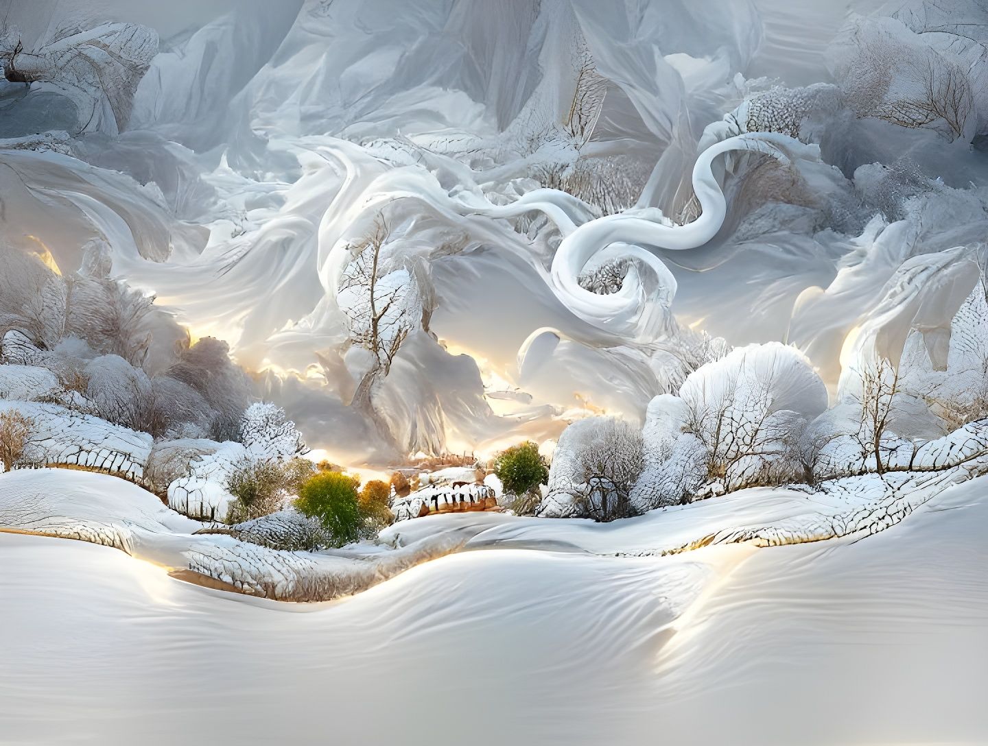 Winter Swirl Landscape with Hoarfrost and Adobe Houses