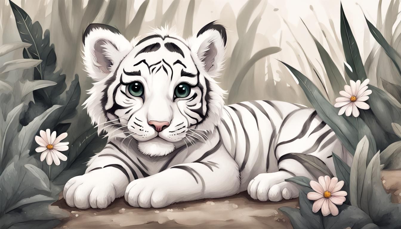 Chibi White Tiger Cub in Jungle, Ink Wash Painting
