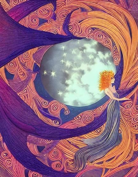 Celestial Woman in Surreal Sun and Moon Fairytale