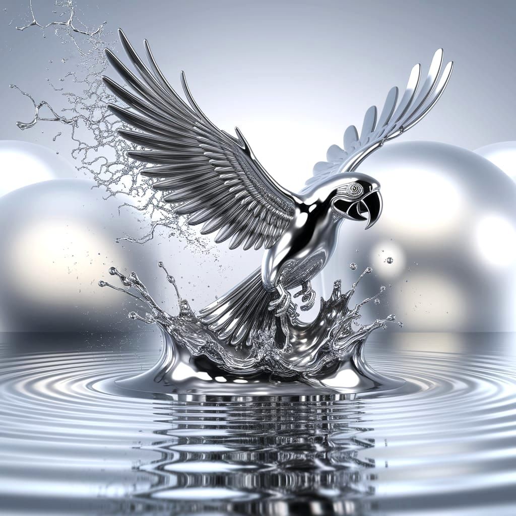 Dynamic Liquid Chrome Macaw Sculpture in Mid-Flight