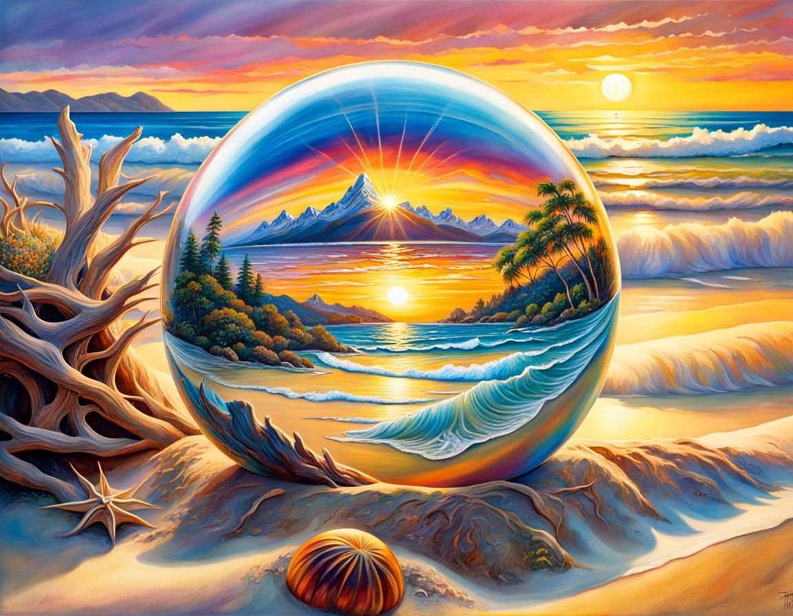 Glass Ball Sunset: Polychromatic Beach Scene
