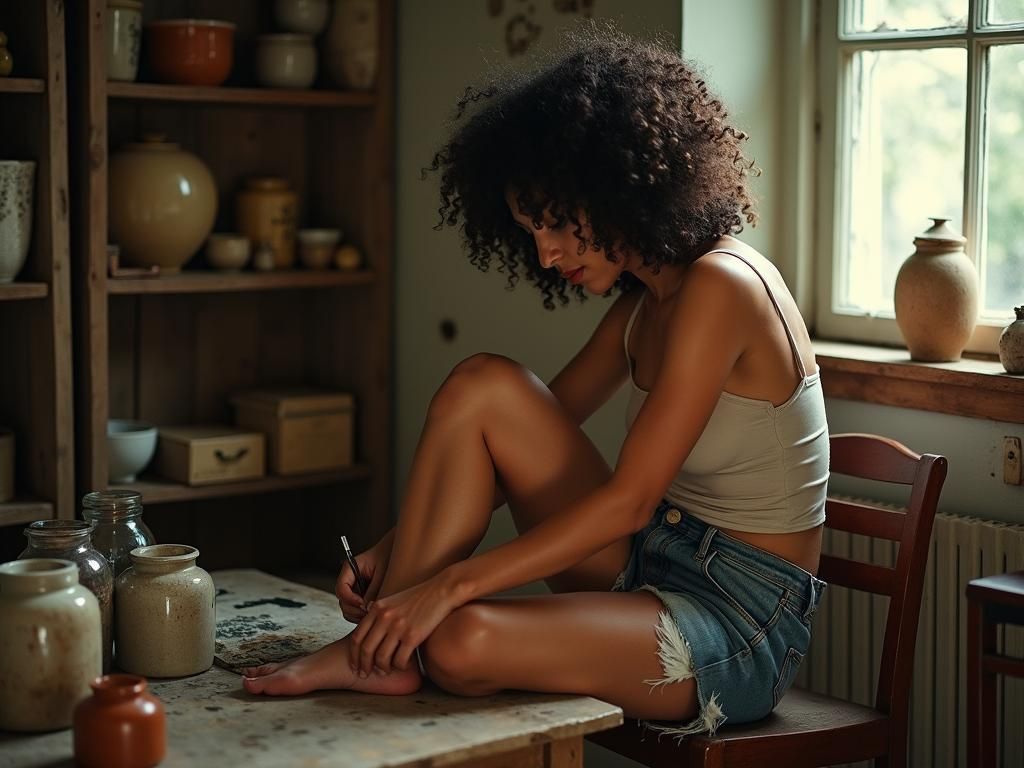 Relaxed Woman Painting Toenails in Nostalgic Setting