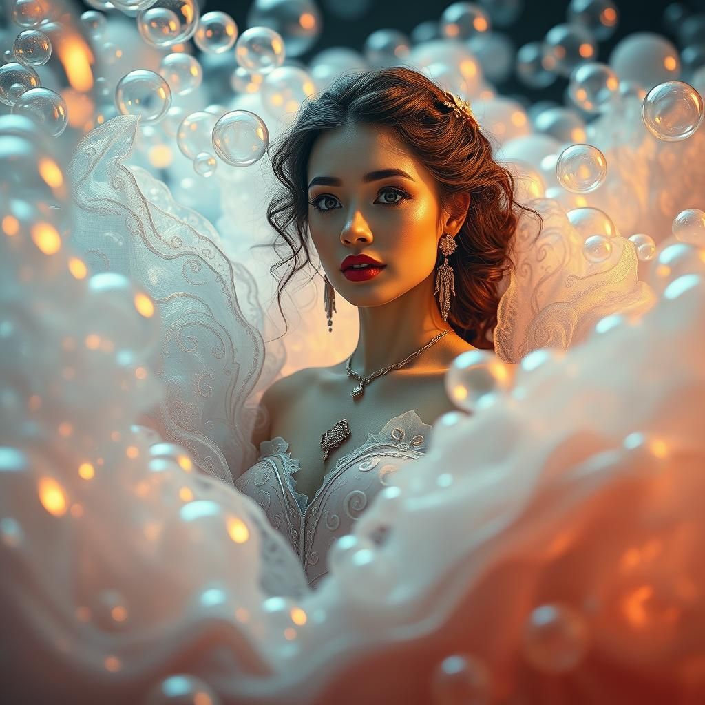 Woman Emerges from Iridescent Bubbles: Digital Art