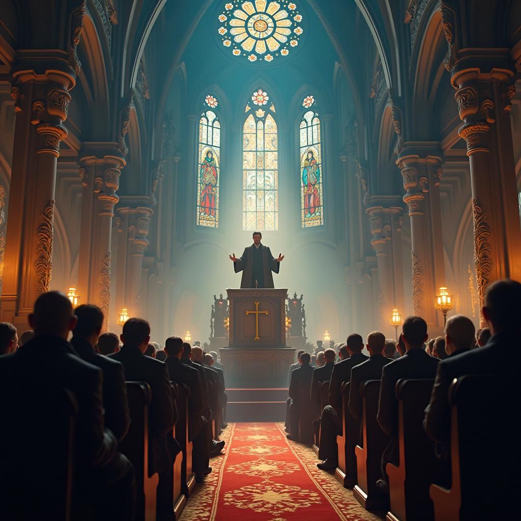 Mystical Church Sermon in Gothic Unreal Engine Style