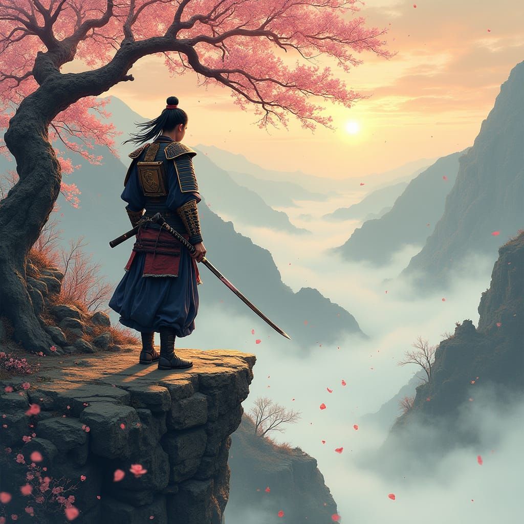 Surreal Samurai Contemplates Stormy Valley