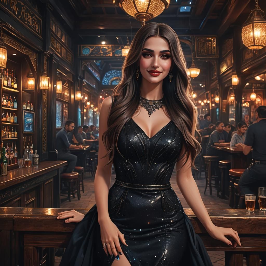 Attractive Woman in Pub with Arabic Eye Makeup