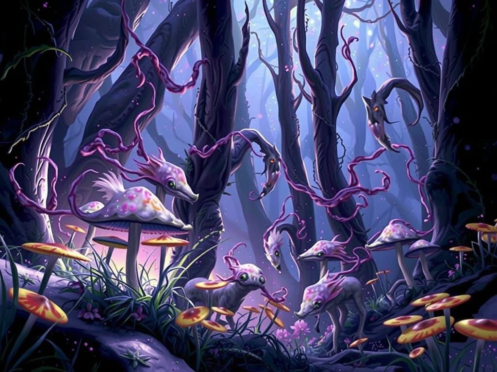 Eerie Creatures in Dreamlike Cyberpunk Forest