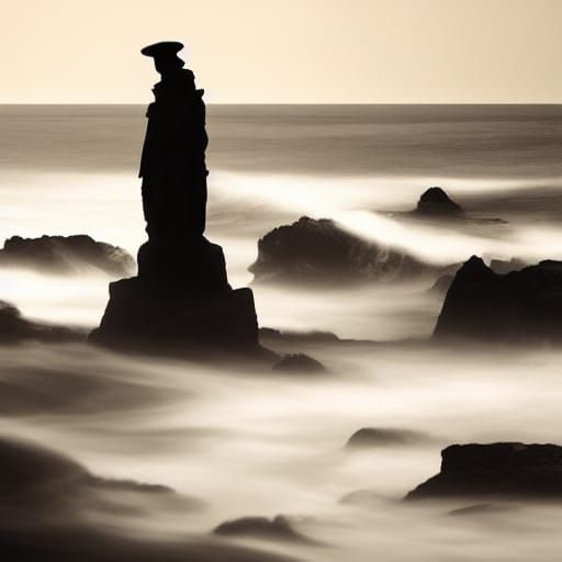 Bronze Statue Amidst Turbulent Ocean Waves in Romantic Style