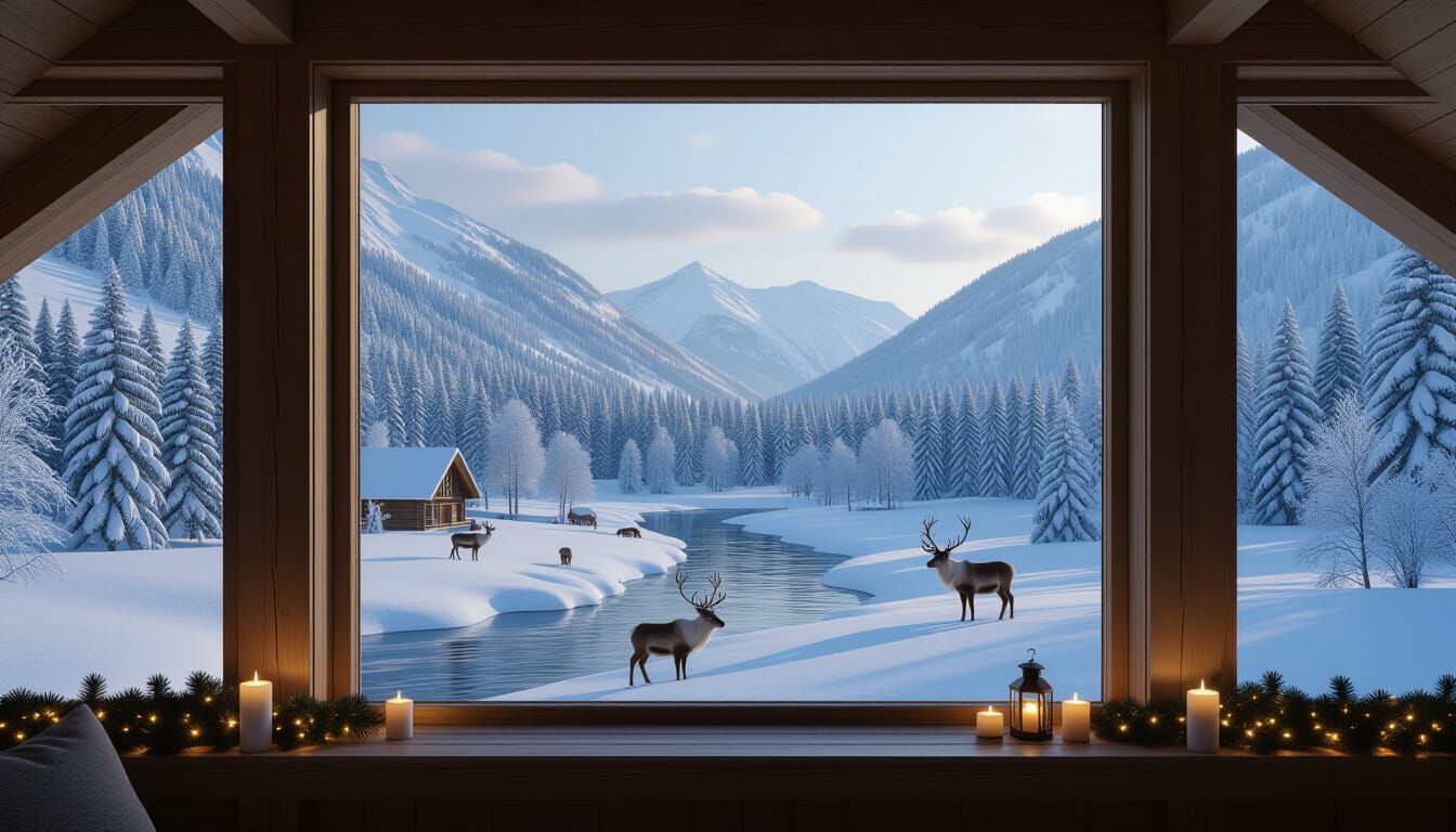 Peaceful Christmas Cabin View: Snowy Valley & Reindeer