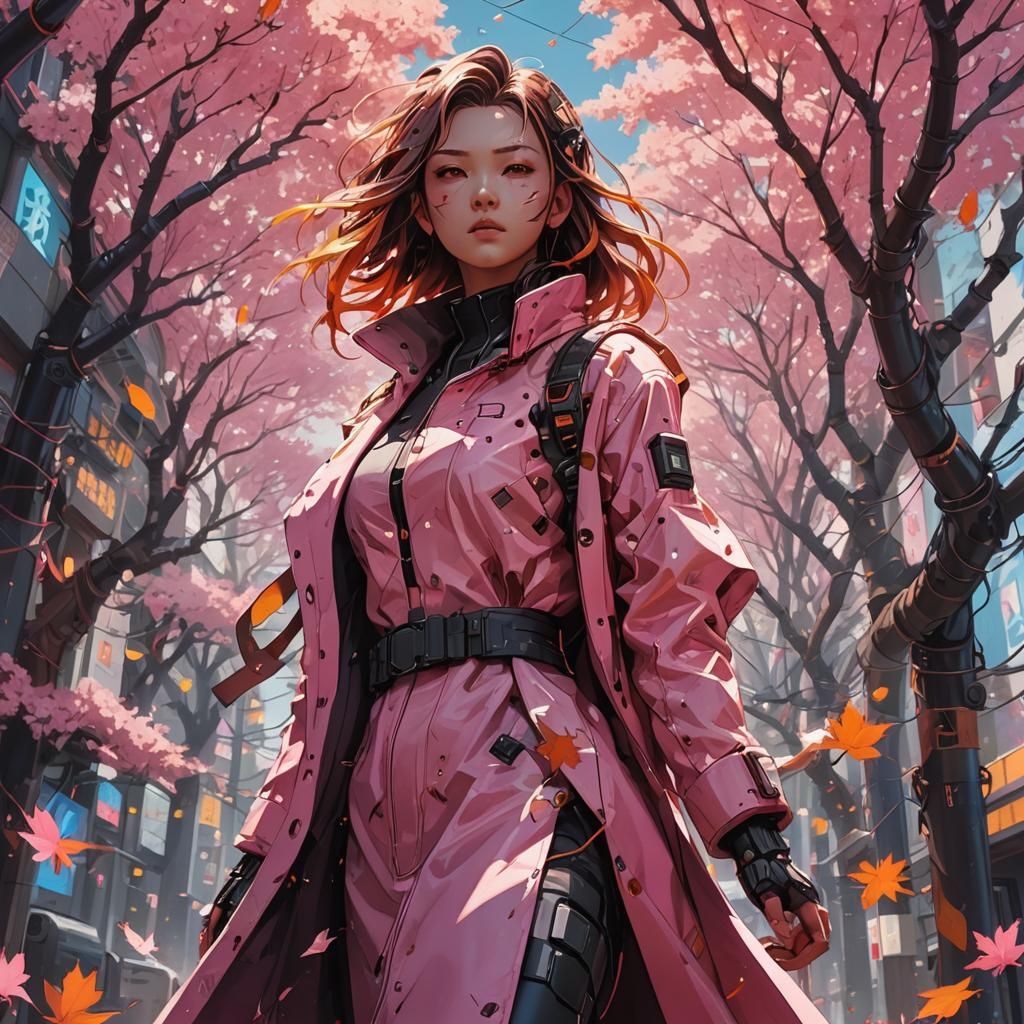 Cyberpunk Figure in Autumn Sakura Leaves: Anime Art