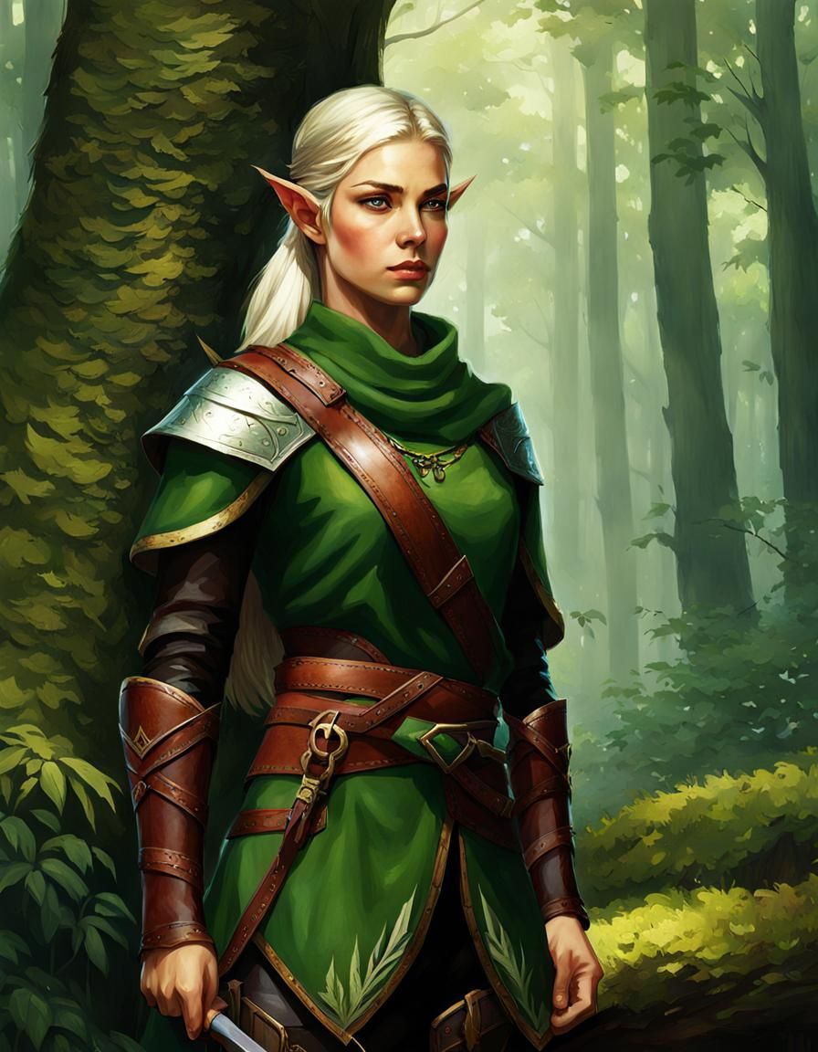 Elf Ranger Keeping Watch in Ancient Forest