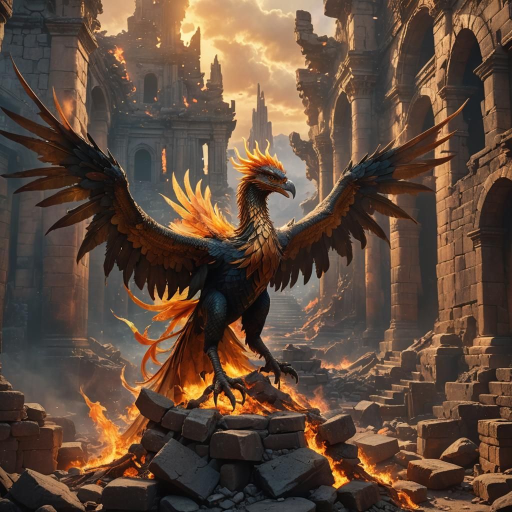 Phoenix Dragon Hybrid Rises in Ancient Ruins
