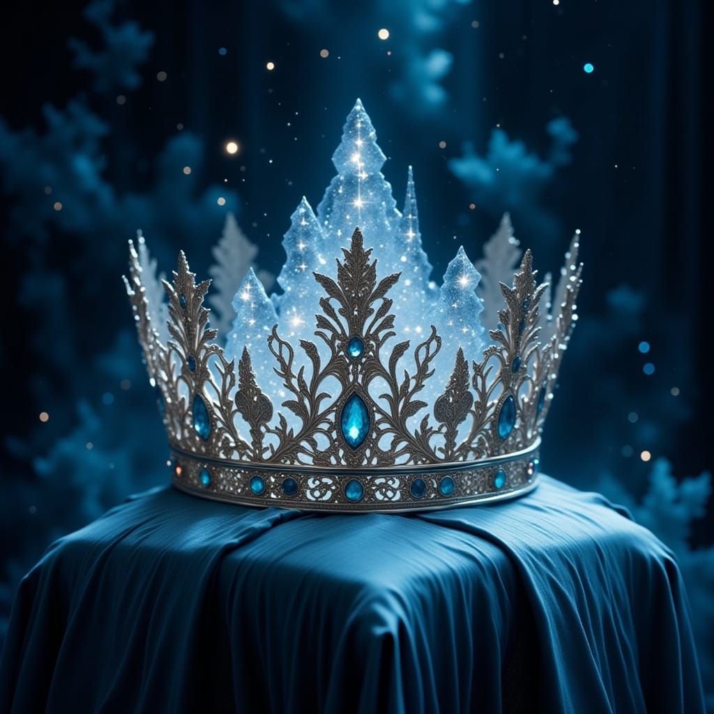 Ornate Jeweled Crown on Velvet Cushion in Moonlight
