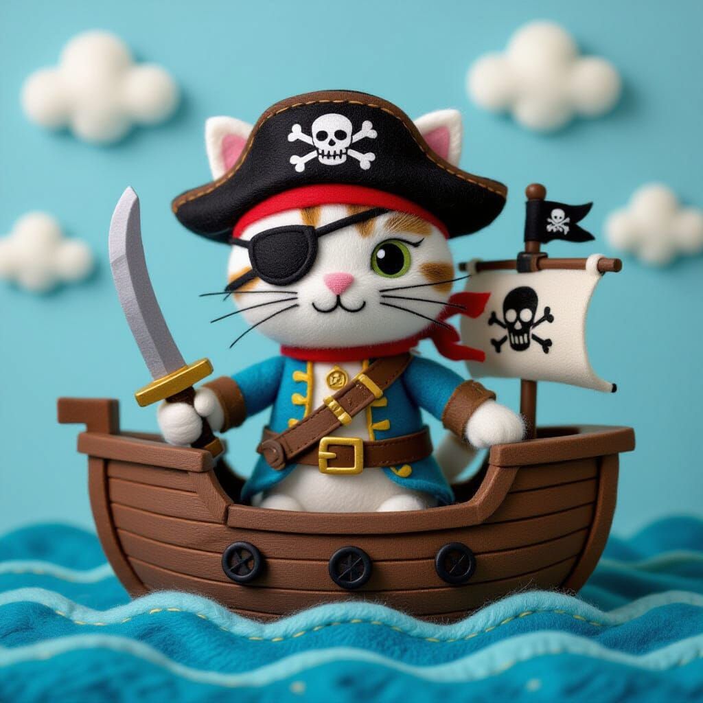 Felted Cat Pirate on a Stitched Felt Ship
