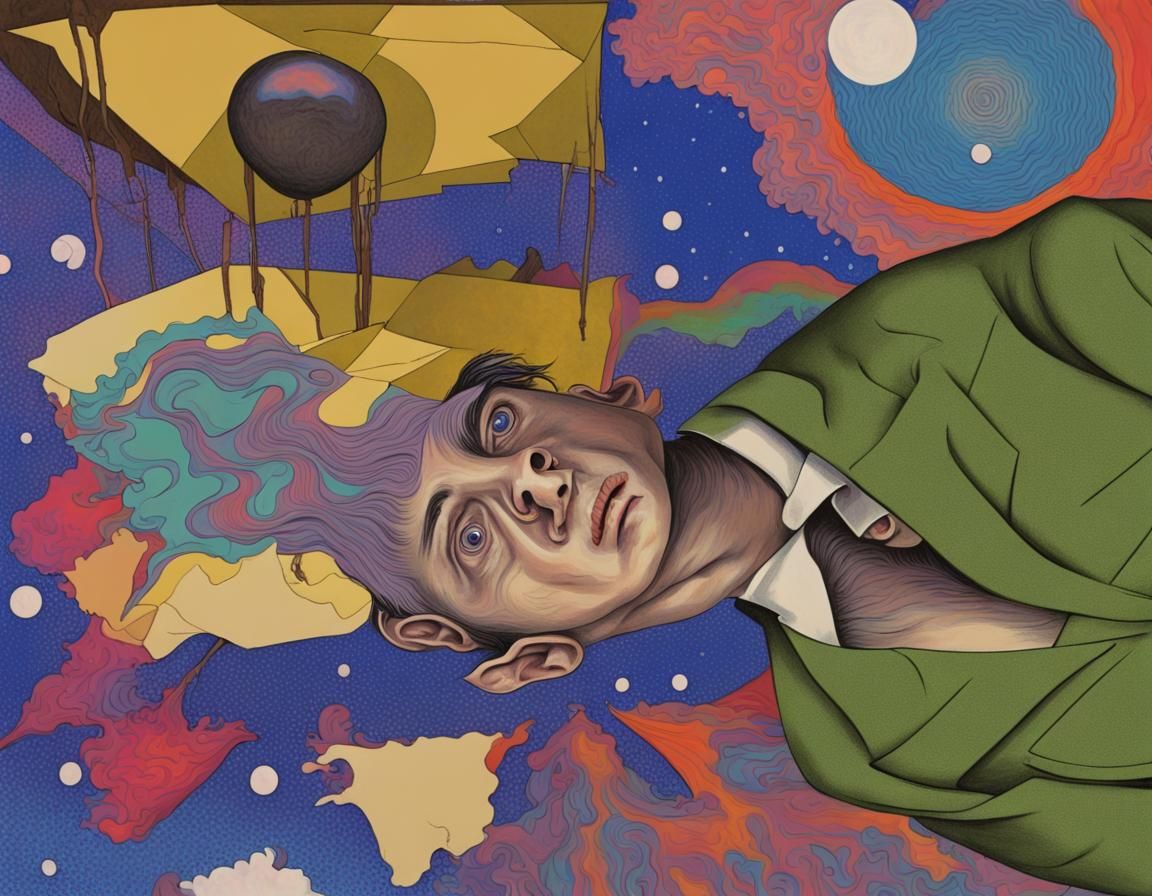 A psychedelic portrait of Franz Kafka wearing a suit in Carcosa