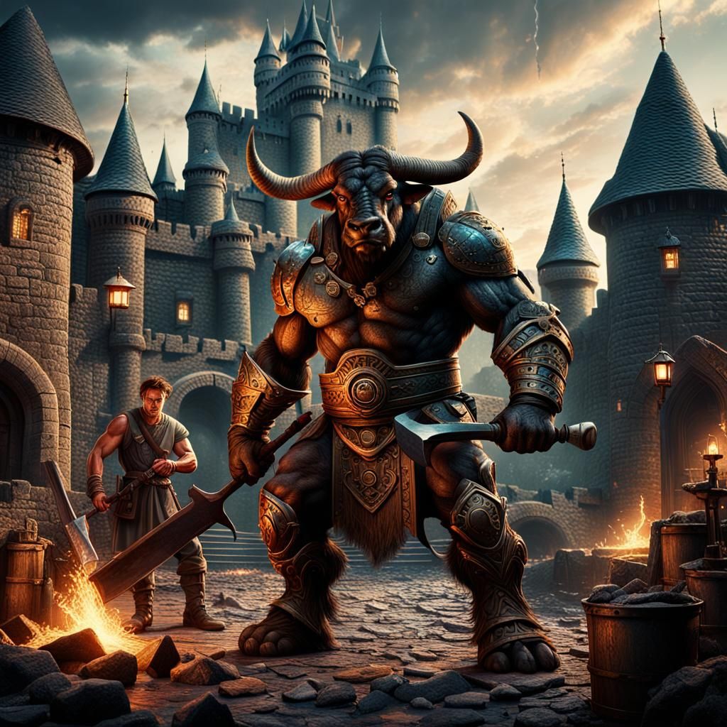 Minotaur Blacksmith Warrior near Castle: Digital Matte Paint...