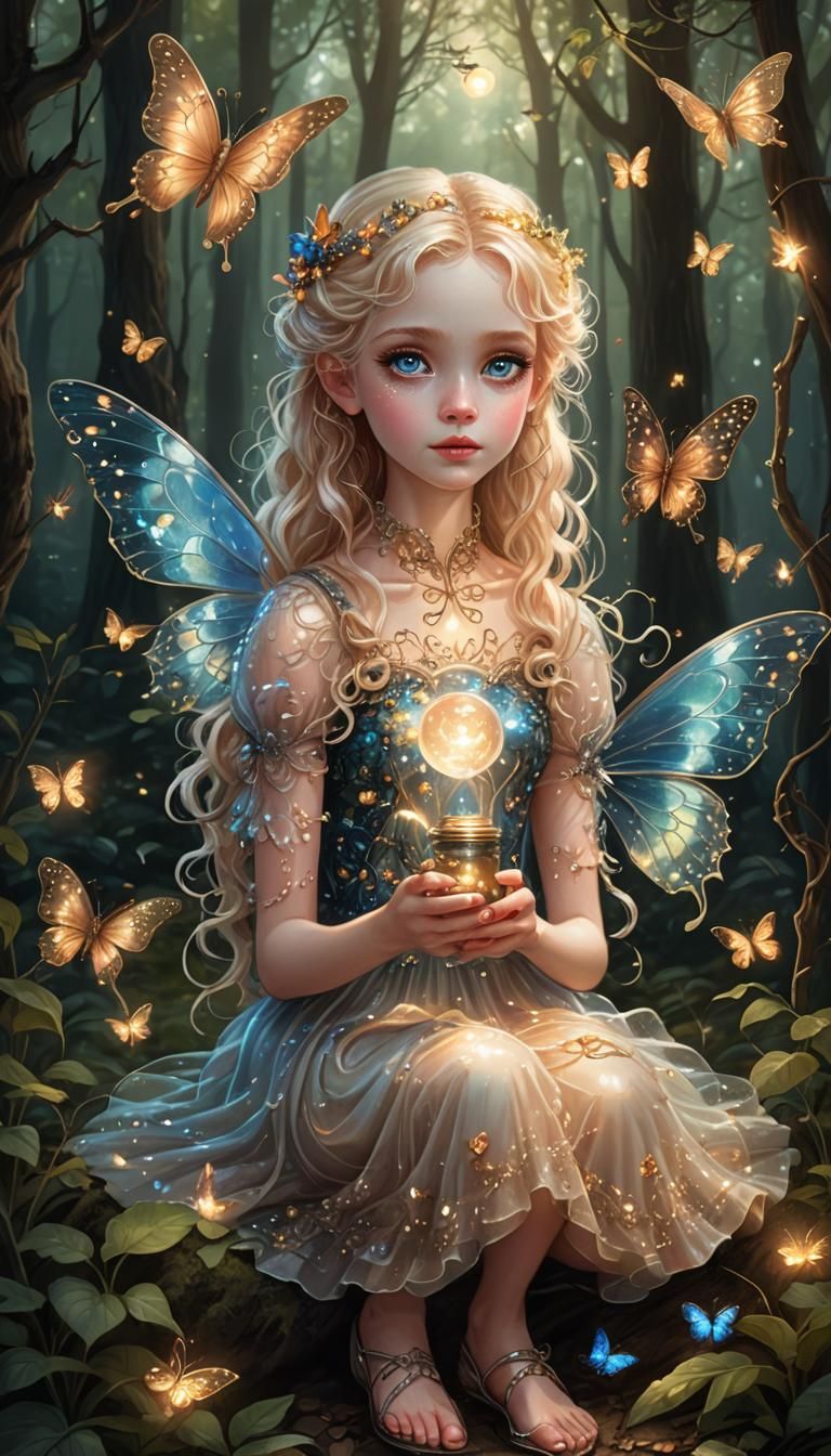 Orbs and adorable little girl fairy. Very beautiful big blue...