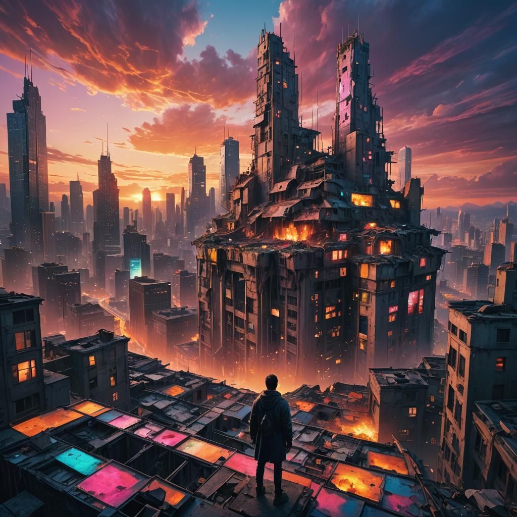 Futuristic Cityscape Sunset in Digital Art Style
