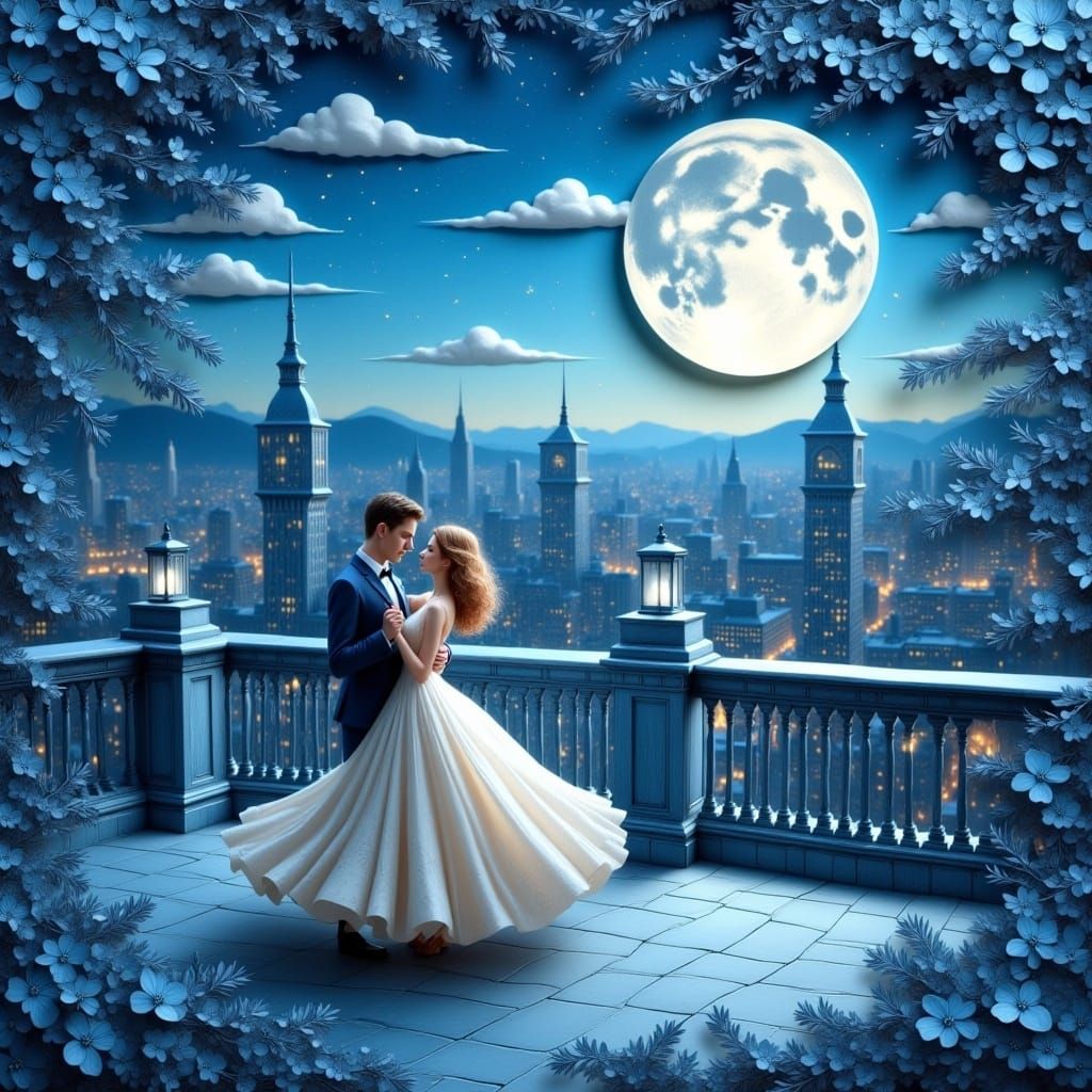 Romantic Couple Dancing Under Moonlight in Paper-Cut Style