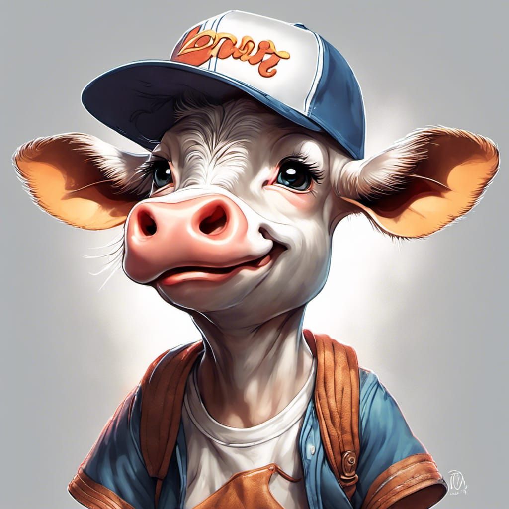 Adorable Cow Portrait in a T-Shirt and Hat