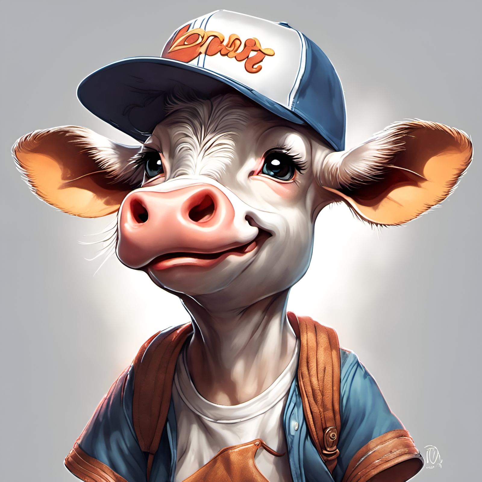 Cow Portrait in T-Shirt and Baseball Hat