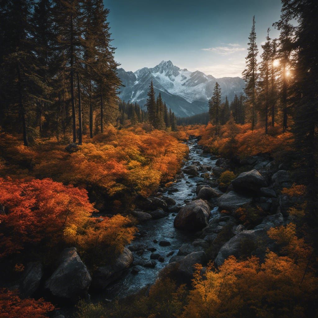 Colorful Ink Flow Forest Stream: Detailed Acrylic Painting