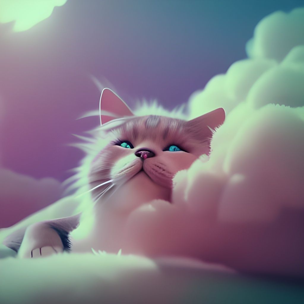 Cute Tabby Cat Sleeping on Cloud in Pastel Tones