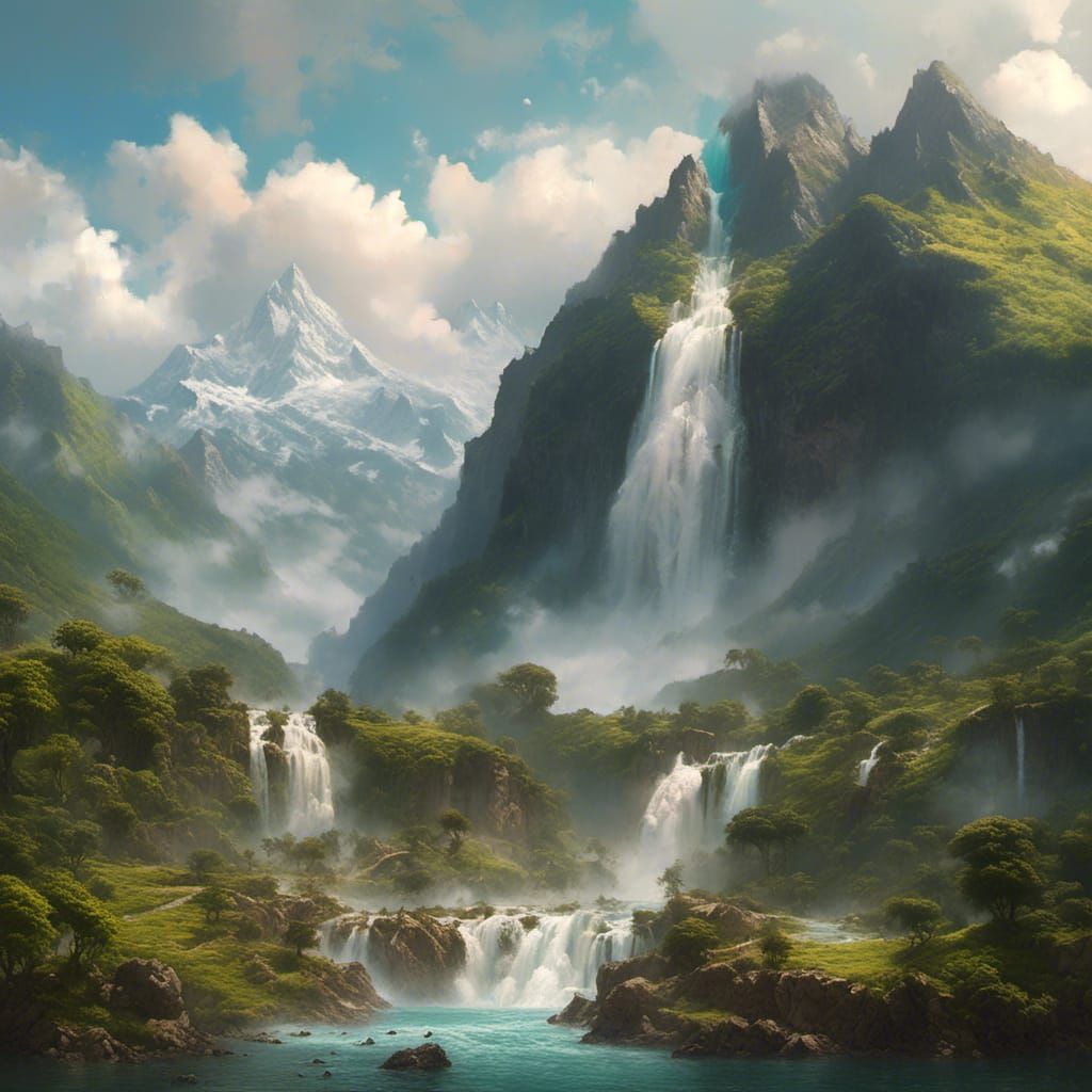 Scenic Waterfall Flowing Through Mountain Landscape