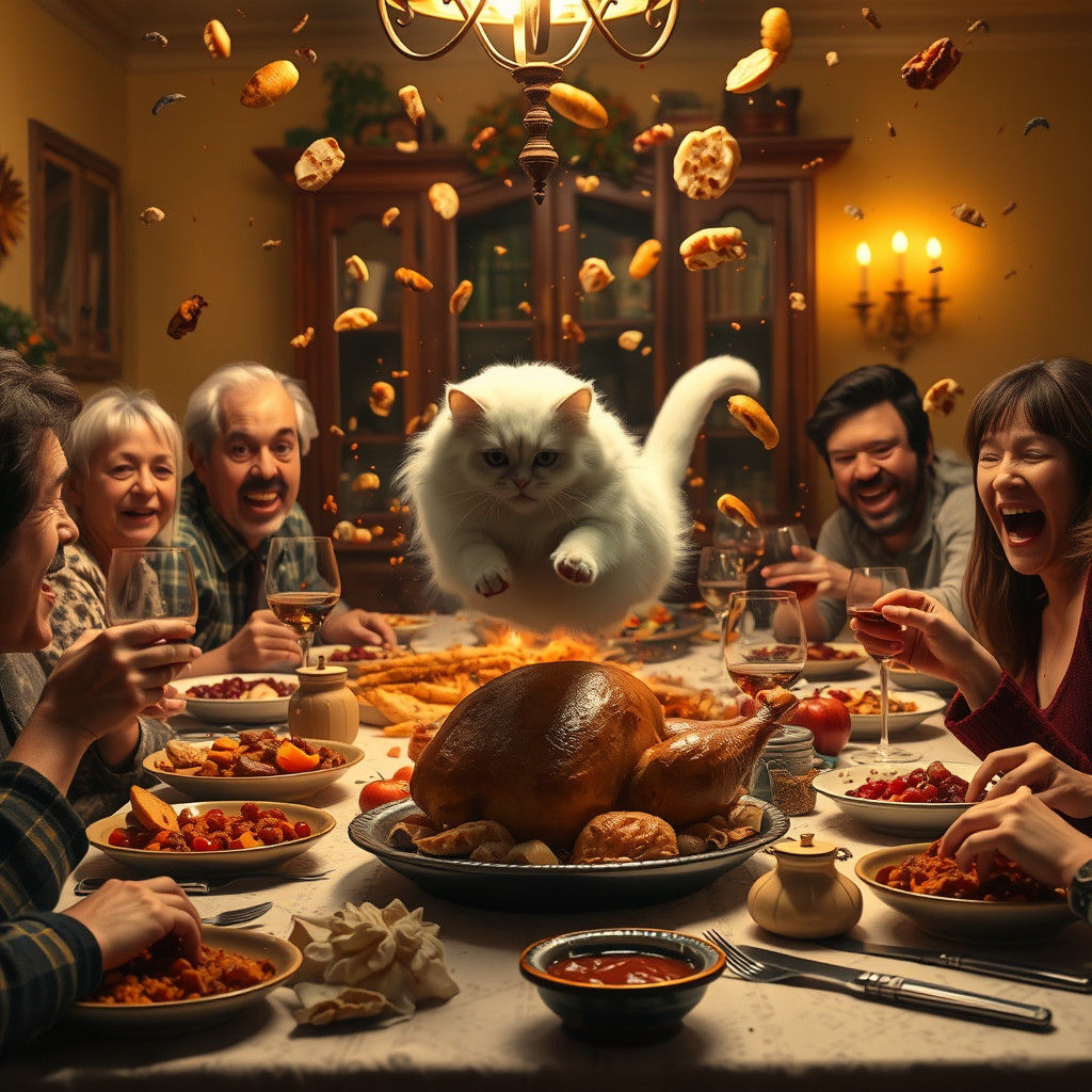 Thanksgiving Dinner Chaos with Leaping Cat