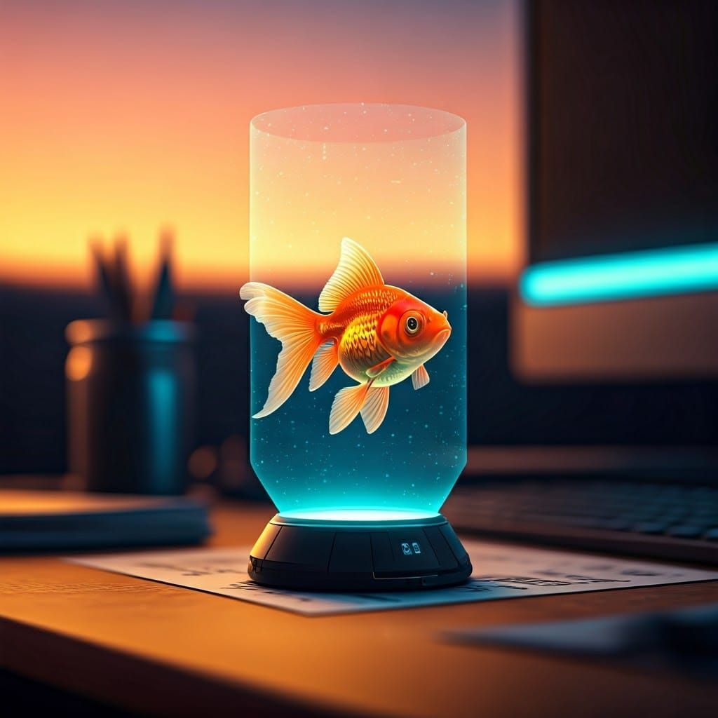Surreal Holographic Scene with a Golden Fish and Futuristic....