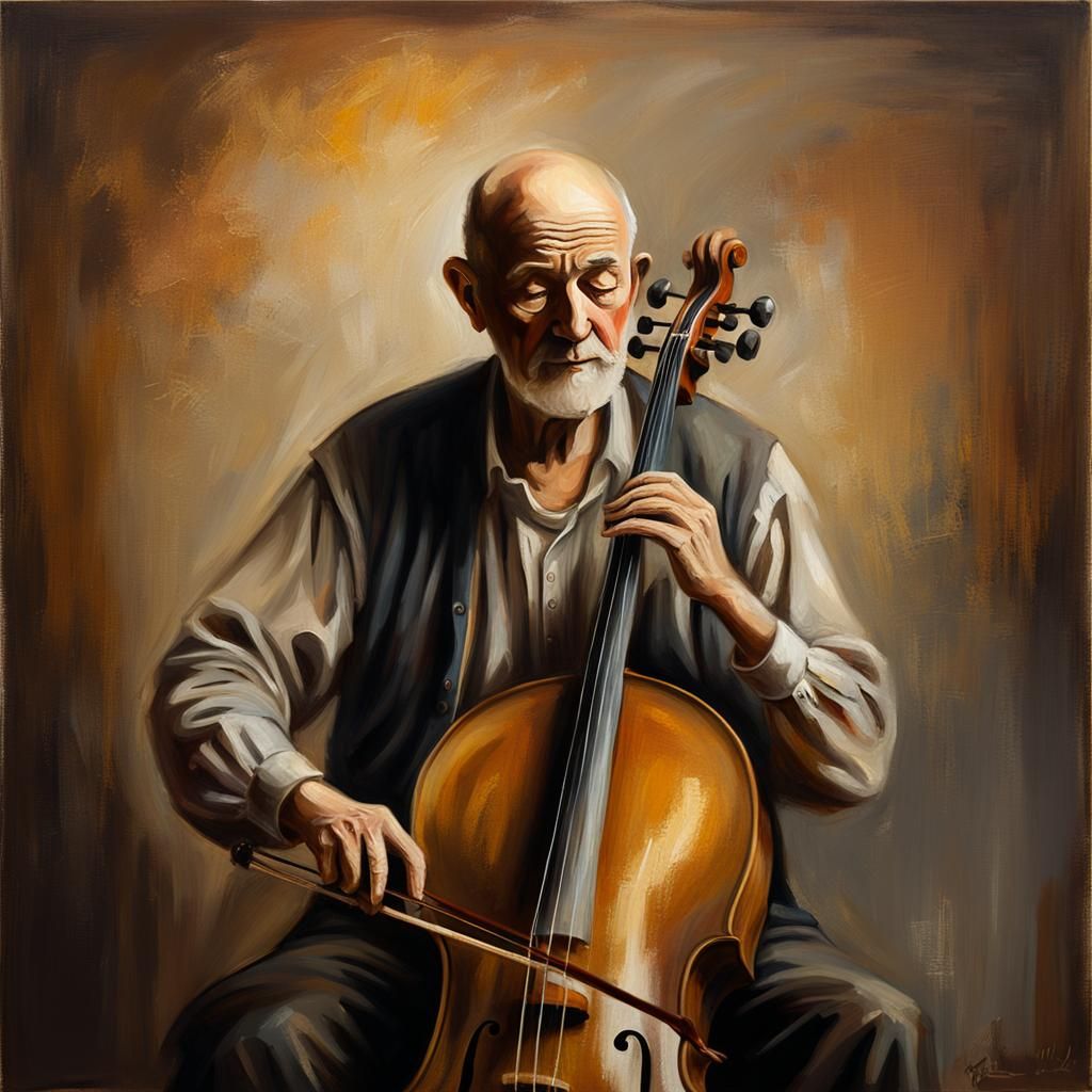 Timeless Masterpiece: Elderly Musician Lost in Thought