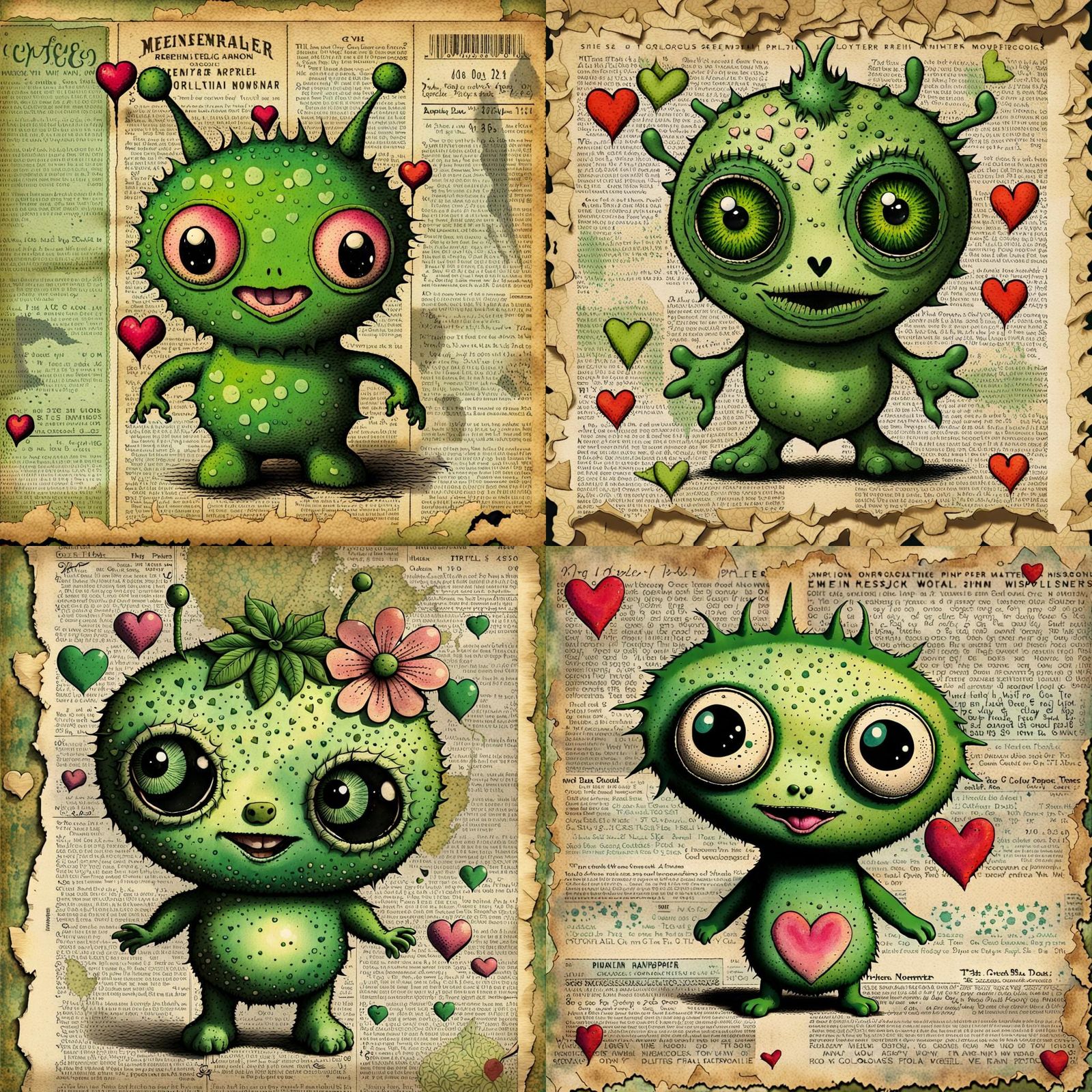 Adorable Chibi Alien Monster with Floral Hearts