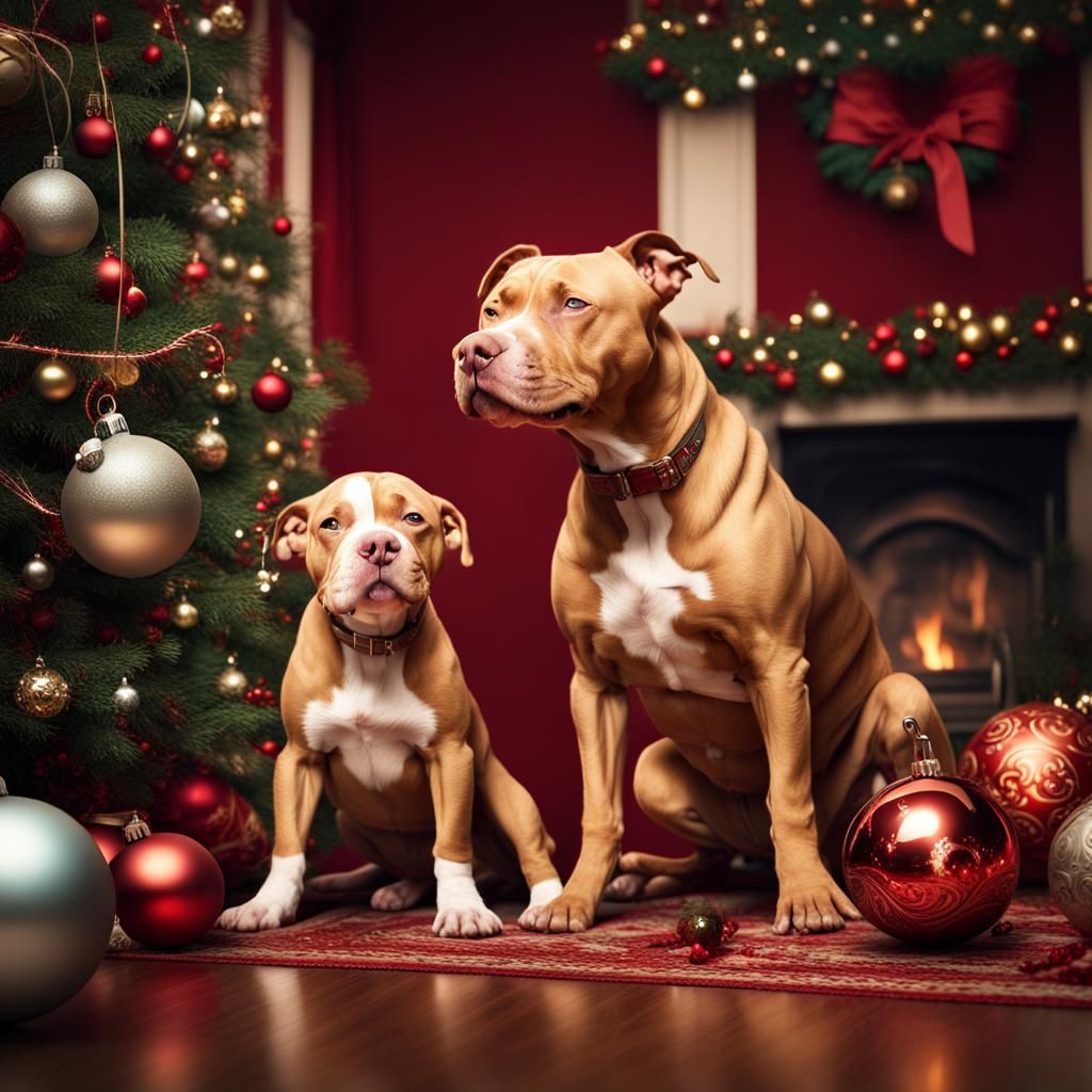 Pitbull and Puppy Play with Christmas Ornaments