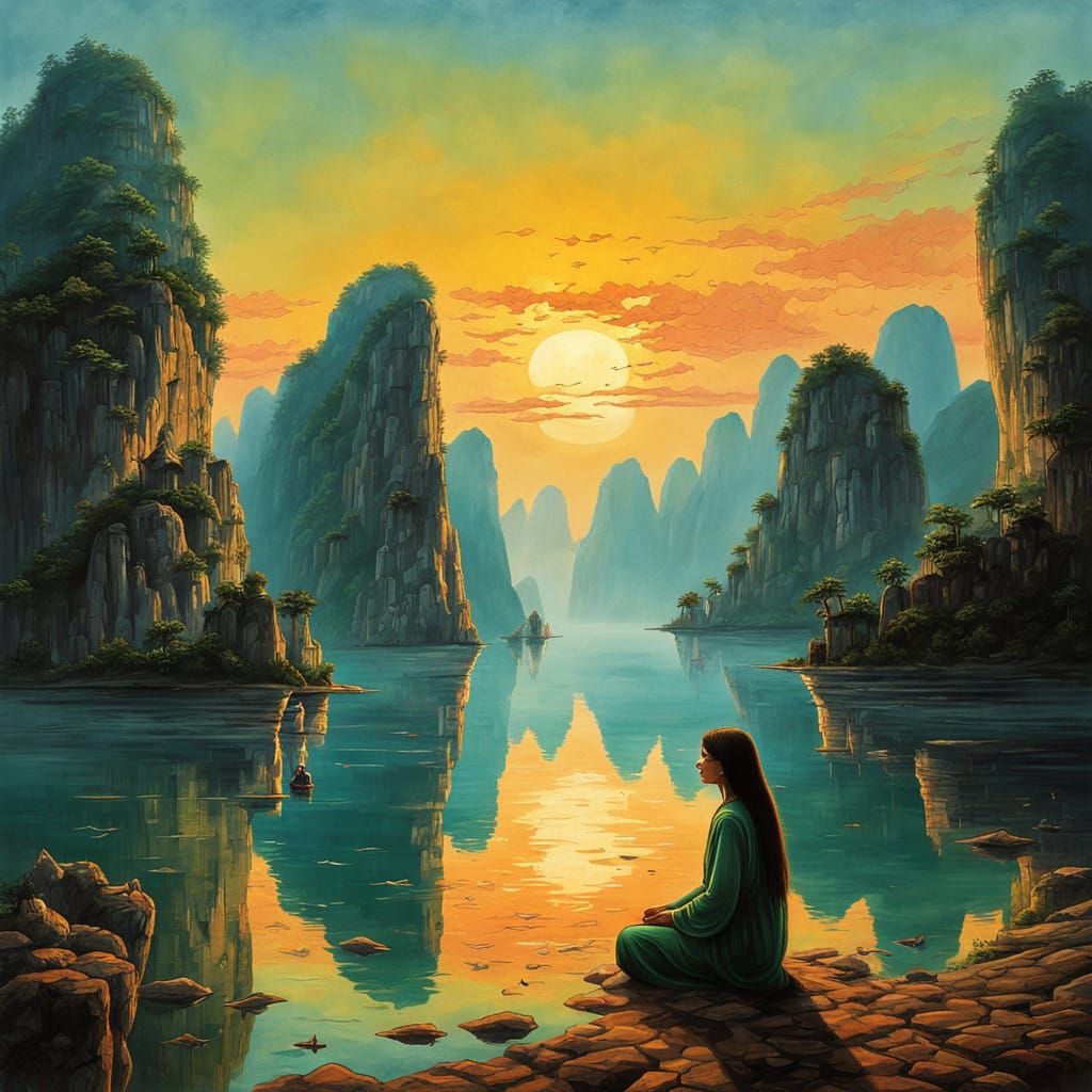 Ethereal Woman Amidst Ha Long Bay's Majestic Limestone Karst...