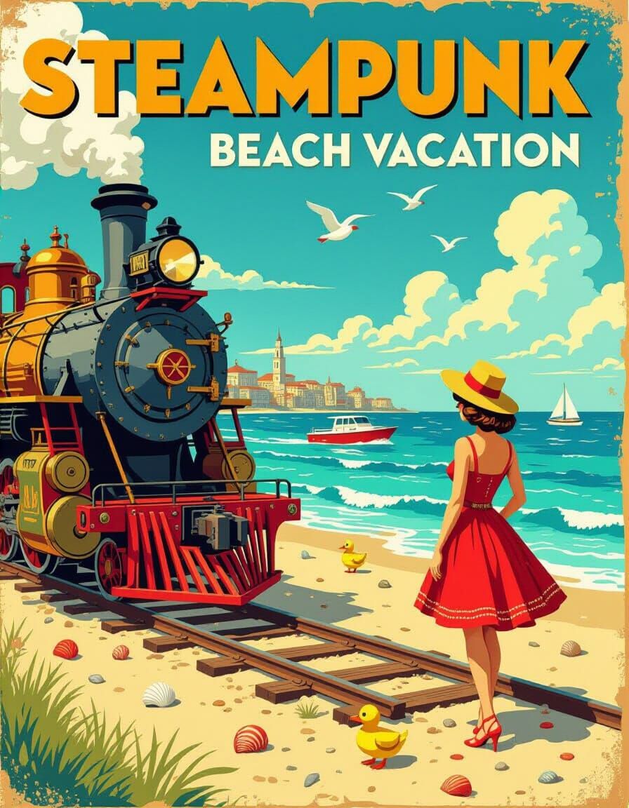 Steampunk Beach Train Vacation Illustration in Vintage Style