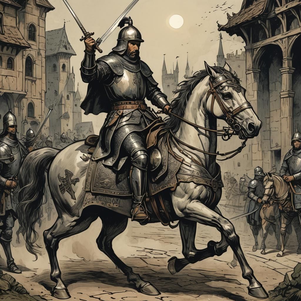 Night Watchman Rides Knight's Horse with Sword